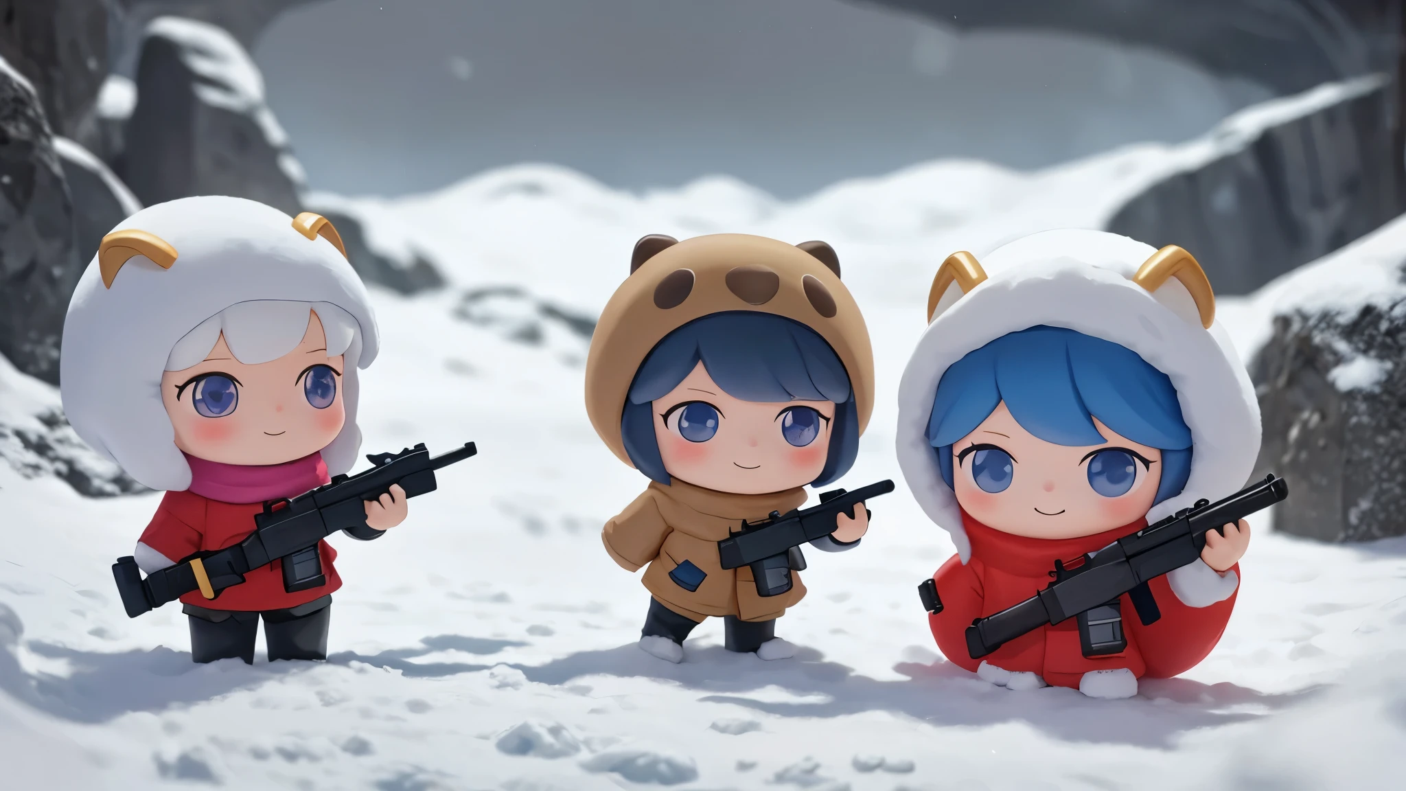 The following scenes will be expressed using chibi girl dolls.（Photo realism、In the Vatnajökull Cave、Smile、Cute winter clothes、Hold two pistols，Ready to fight，With a gun in hand）