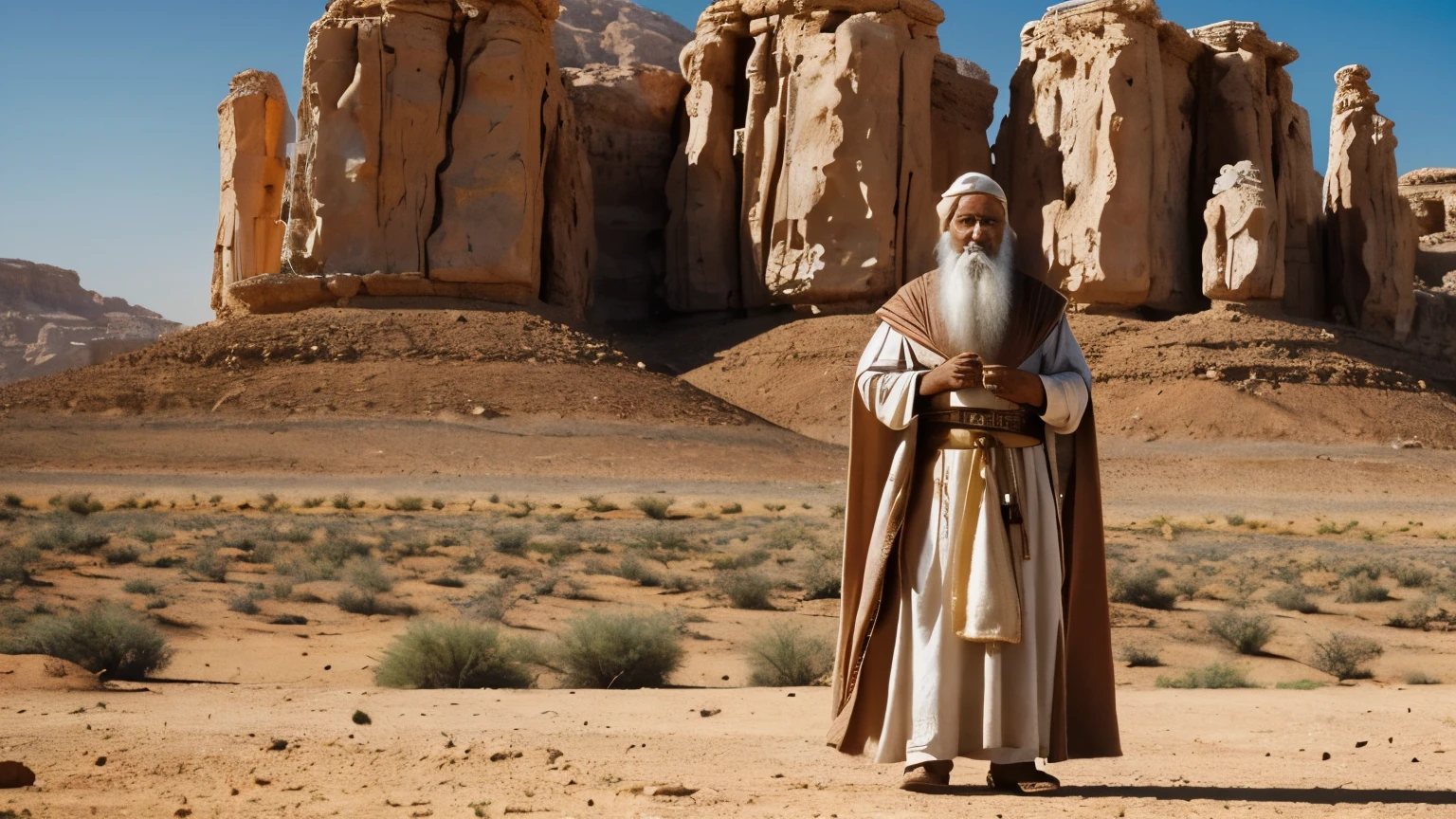 bushy man with long white beard and white cloak standing in the desert, holy man looking at the ground, ancient mystical lord of time, moisés, reis antigos em vestes brancas, foto de retrato com pintura fosca, Obra-prima 4k, Obra-prima 4k, the wise man is at the top, wise old indian guru, biblical epic film, portrait of Bedouin D&d