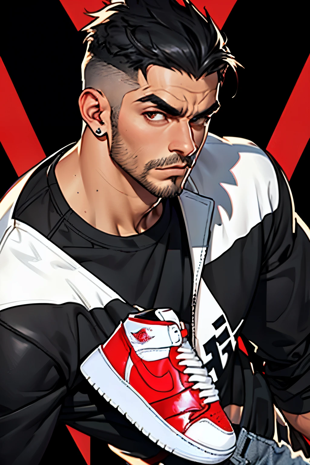 High-resolution, 3D rendering, Masterpiece: 1.2
(Brand: Jordan 1, Colorway: White/Black/Red)
(Stylized, 4K, 8K, best quality)
Detailed view of the iconic Jordan 1 sneaker, showcasing crisp white leather with black and red accents. A matured male stands in focus, sporting a pair of Jordan 1s, his gaze fixed ahead, dressed casually in a black tee and jeans. His hair is closely cropped, a style that complements the ultra-detailed face featuring a thick stubble, a straight nose, and thick eyebrows.
The