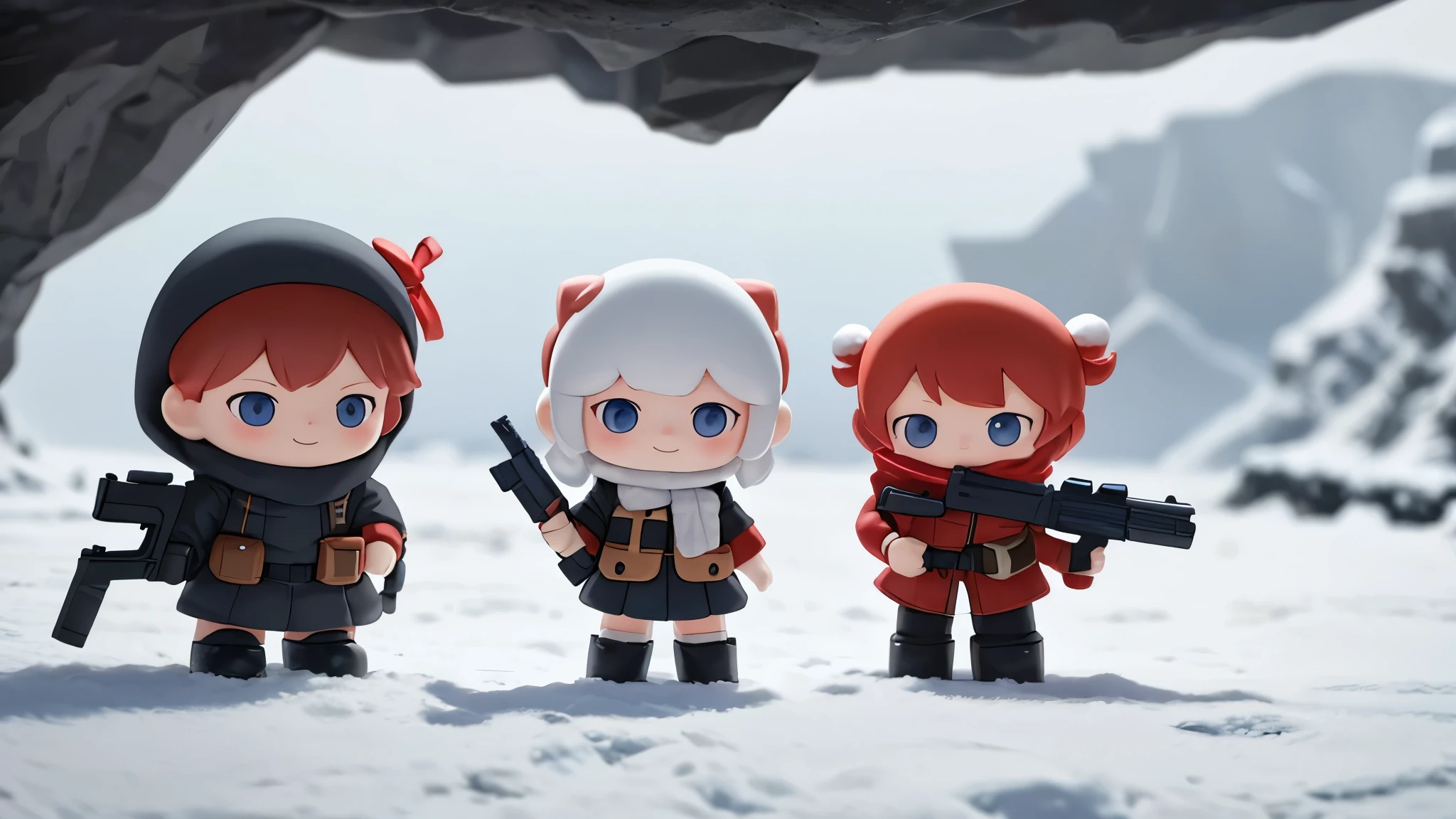 The following scenes will be expressed using chibi girl dolls.(Photo realism、In the Vatnajökull Cave、Smile、Cute winter clothes、Hold two pistols,Ready to fight,With a gun in hand)