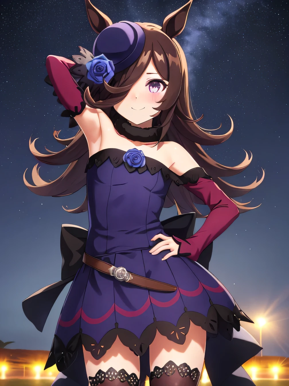 (rice shower \(umamusume\)),(masterpiece),illustration,brown dark hair,long hair,purple eyes,swept bangs,long bangs,long hair,small breast,hair covers right eye,small formal hat on right ear,Purple rose on the hat,purple dark dress,bare shoulders,fur collar,blue rose,short dress,boots, solo, (cowboy shot:1.5), night sky, beach, arm behind head, hand on hip, contrapposto, spread armpits, looking at viewer, best quality, closed mouth, smile, blushing,
