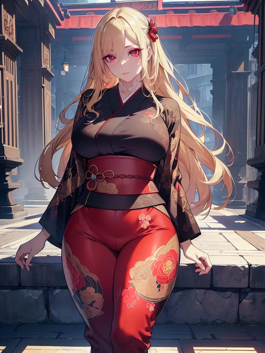 (Uhd, Masterpiece, Textured Skin, Super Detail, High Details, High Quality, Best Quality), Detailed Face, 1woman, mature pretty woman, ((wide hips, thick thighs, huge breasts)), ((Long blonde hair)), ((Black kimono with red patterns), (Pants), (Huge body), (Cultivator), Courtyard with a stone floor
