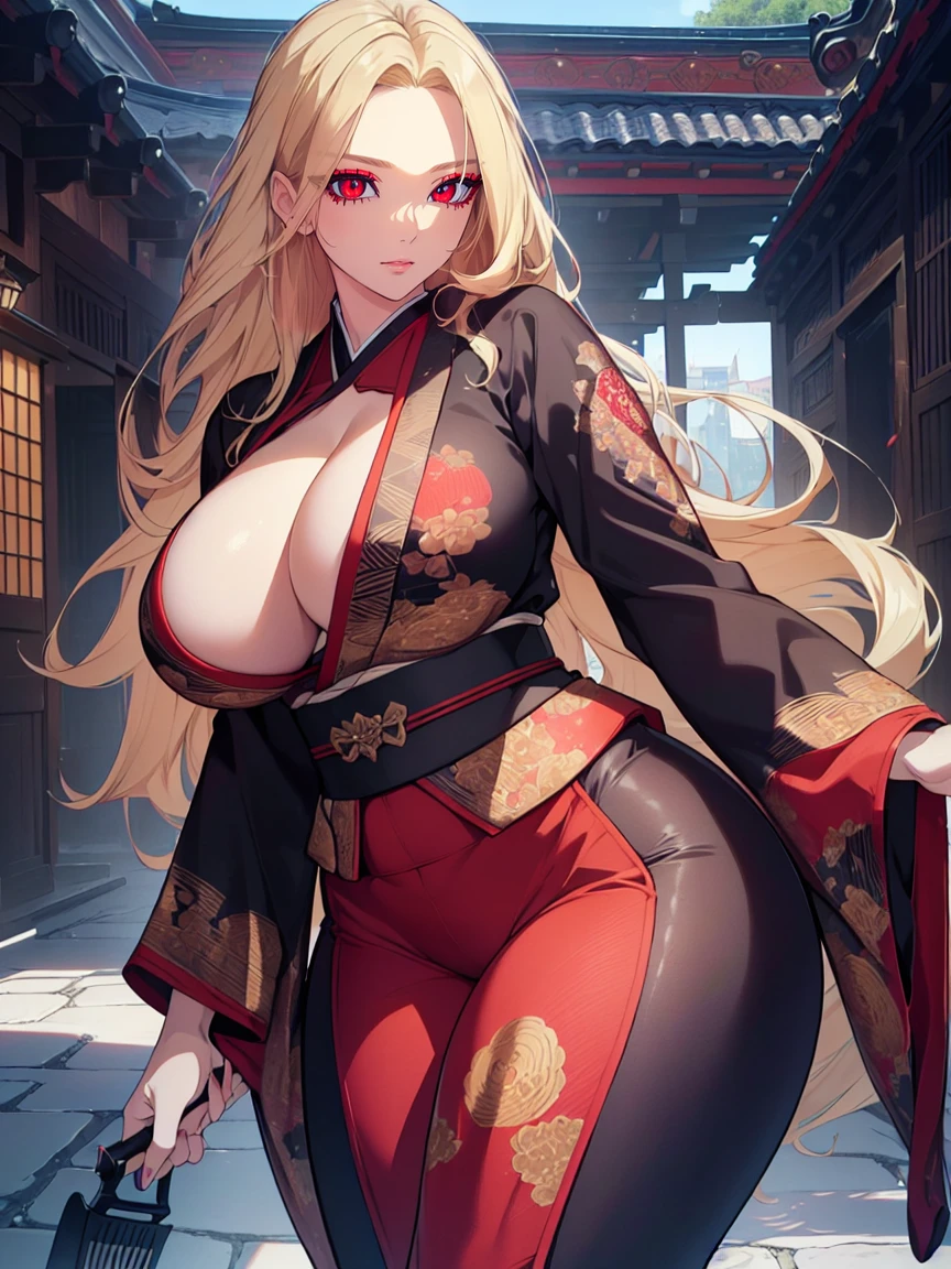 (Uhd, Masterpiece, Textured Skin, Super Detail, High Details, High Quality, Best Quality), Detailed Face, 1woman, mature pretty woman, ((wide hips, thick thighs, huge breasts)), ((Long blonde hair)), ((Black kimono with red patterns), (Pants), (Huge body), (Cultivator), Courtyard with a stone floor