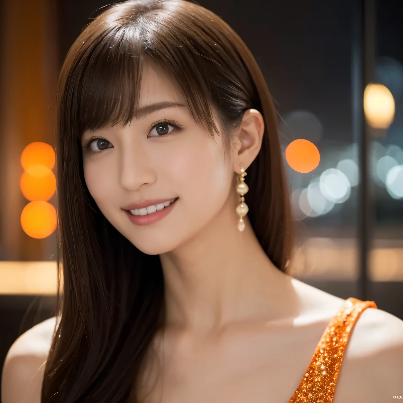 One Girl, (wearing an orange glitter dress:1.2), (RAW Photos, highest quality), (Realistic, Photorealistic:1.4), Tabletop, Very delicate and beautiful, Very detailed, 2k wallpaper, wonderful, In detail, Very detailed CG Unity 8k wallpaper, Very detailedな, High resolution, Soft Light, Beautiful detailed girl, Very detailedな目と顔, Beautifully detailed nose, Beautiful fine details, Cinema Lighting, City lights at night, Amazing illumination, Perfect Anatomy, Slender body, small, smile