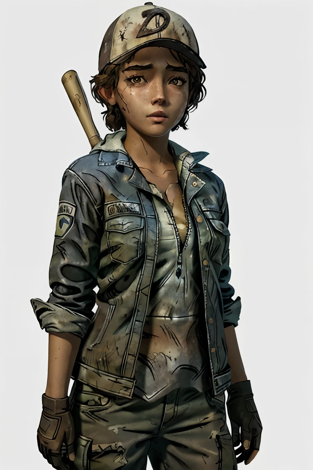 (masterpiece, best quality)
1girl, ClemTWD, solo, jacket, brown hair, hat, brown eyes, freckles, dirty, looking at viewer, shirt, full body shot, short hair, gloves, baseball cap, the walking dead game style, blank white background
