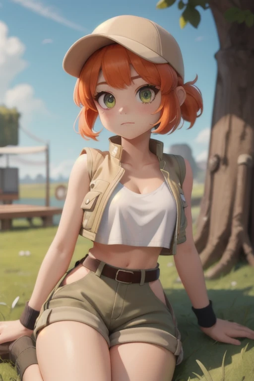 masterpiece,best quality,outdoors,grass,fiodef,1girl,solo,looking at viewer,wariza,arm support,orange hair,hat,baseball cap,crop top,shorts,midriff,vest,navel,belt,short shorts,tank top,cleavage,brown shorts,