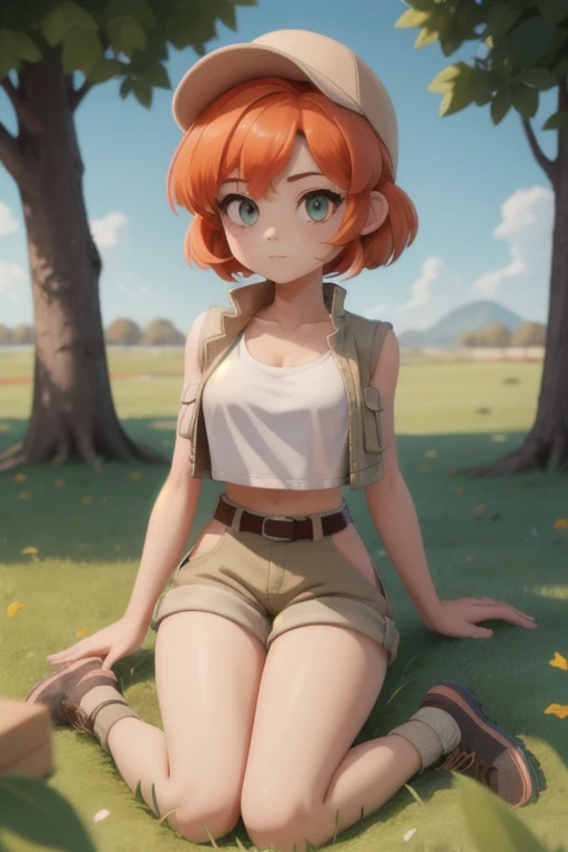 masterpiece,best quality,outdoors,grass,fiodef,1girl,solo,looking at viewer,wariza,arm support,orange hair,hat,baseball cap,crop top,shorts,midriff,vest,navel,belt,short shorts,tank top,cleavage,brown shorts,