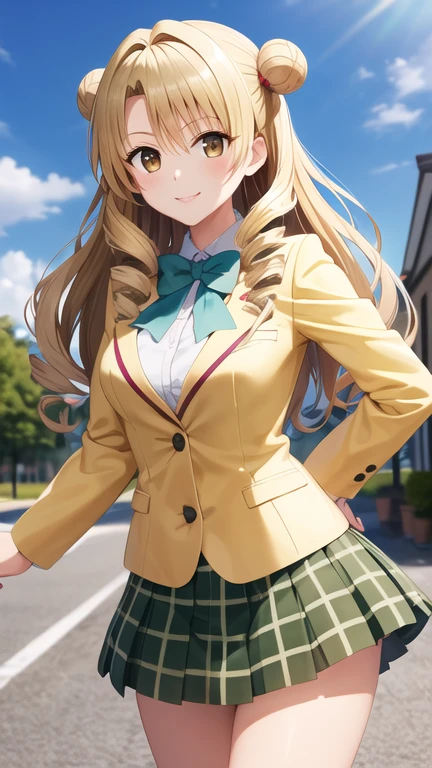 masterpiece, best quality, highres, 1girl, solo, long hair, blonde hair, double bun, drill hair, brown eyes, , green bowtie, blazer, yellow jacket, long sleeves, plaid skirt, green skirt, standing, cowboy shot, outdoors, smile,