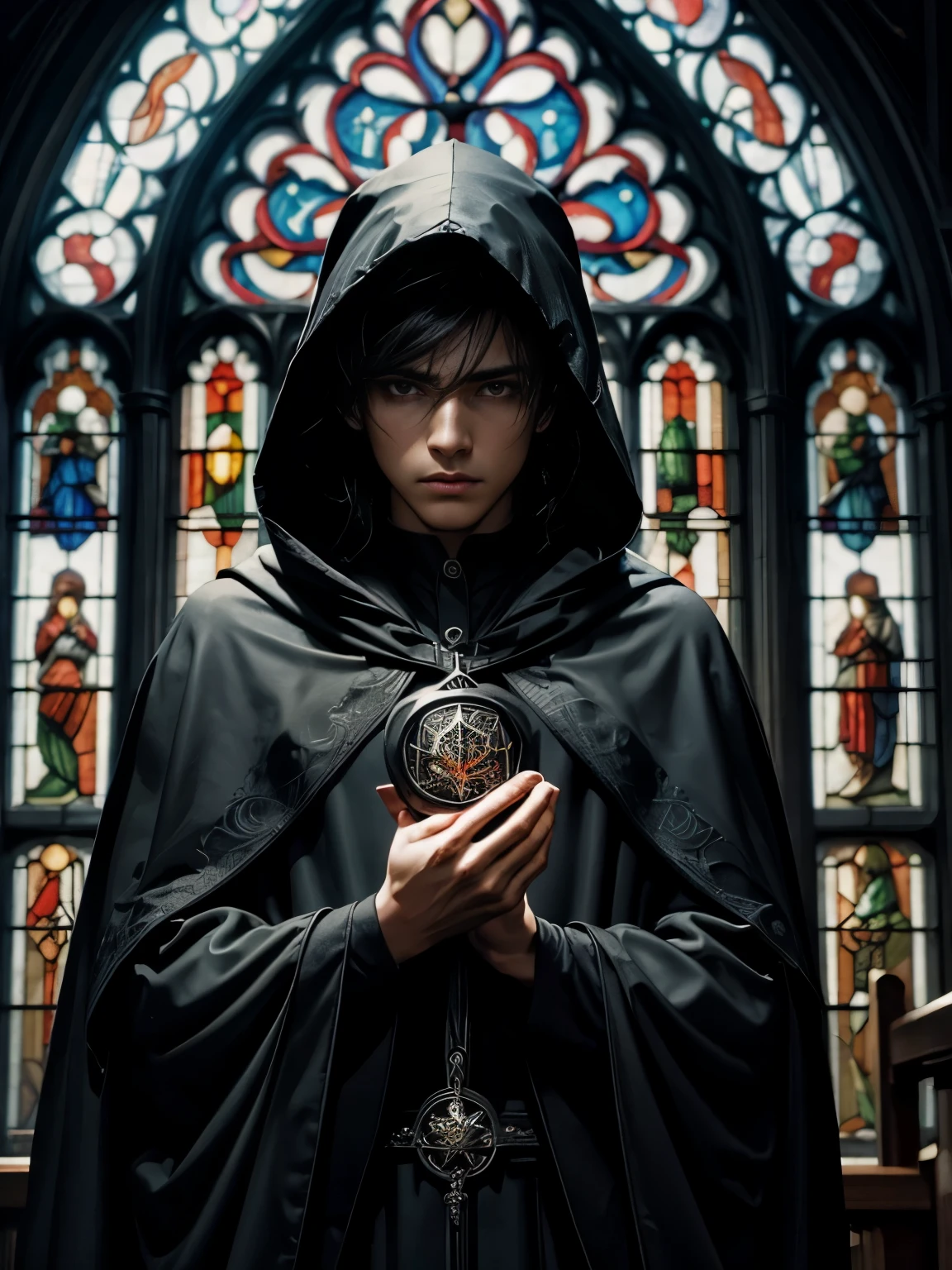 ((Highest quality)),Beautiful Faces,Gothic,Church window background,Outdoor,Black hood,Black Robe,Pentacles,beautiful young man,tears,sorrow,snow,dark facial 