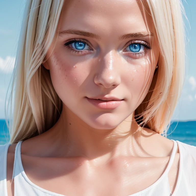 blond woman with blue eyes and a white top on the beach, woman's face looking off camera, soft portrait shot 8 k, portrait of a 25 years old women, close up portrait, woman with freckles, full close-up portrait, detailed face of a woman, close up portrait of woman, close-up portrait film still, close - up portrait shot