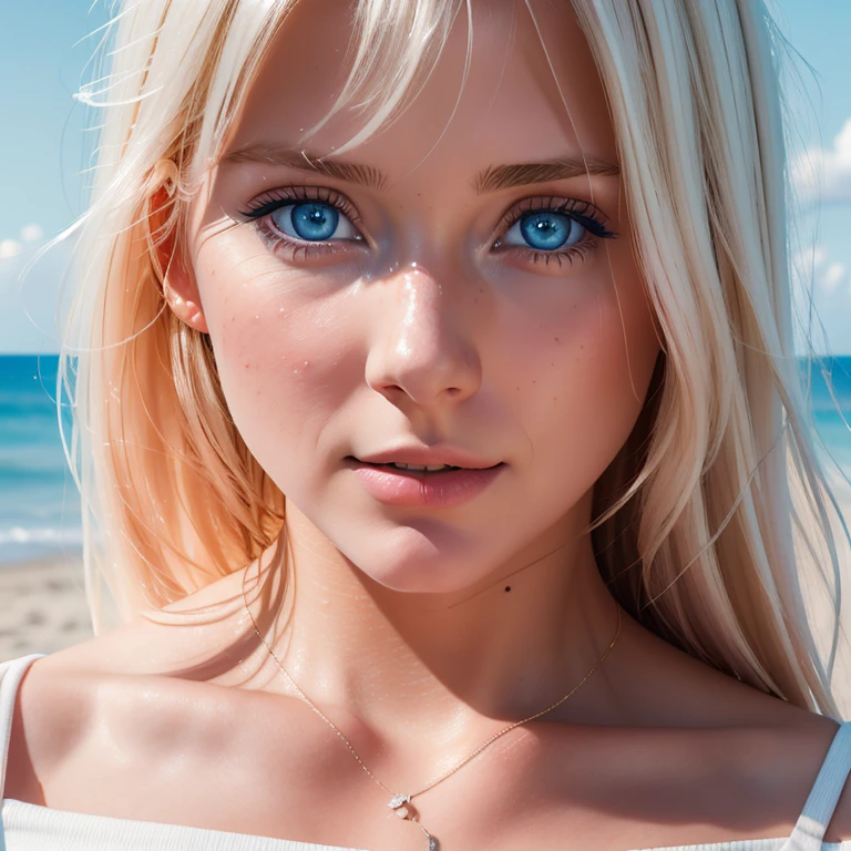 blond woman with blue eyes and a white top on the beach, woman's face looking off camera, soft portrait shot 8 k, portrait of a 25 years old women, close up portrait, woman with freckles, full close-up portrait, detailed face of a woman, close up portrait of woman, close-up portrait film still, close - up portrait shot