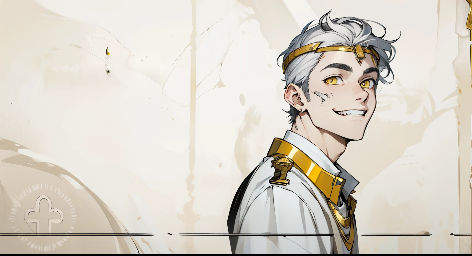 cute 18 year old boy yellow eyes white hair ancient egyptian clothing golden jewelry speaks with threat malevolent smile sarcastic mischievous smile mocking mischief