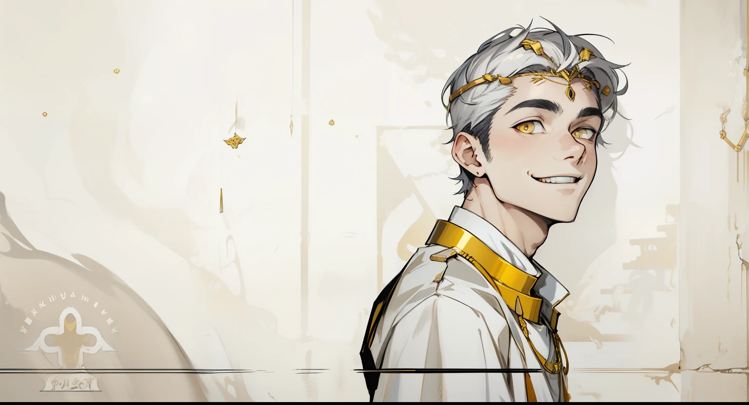 cute 18 year old boy yellow eyes white hair ancient egyptian clothing golden jewelry speaks with threat malevolent smile sarcastic mischievous smile mocking mischief