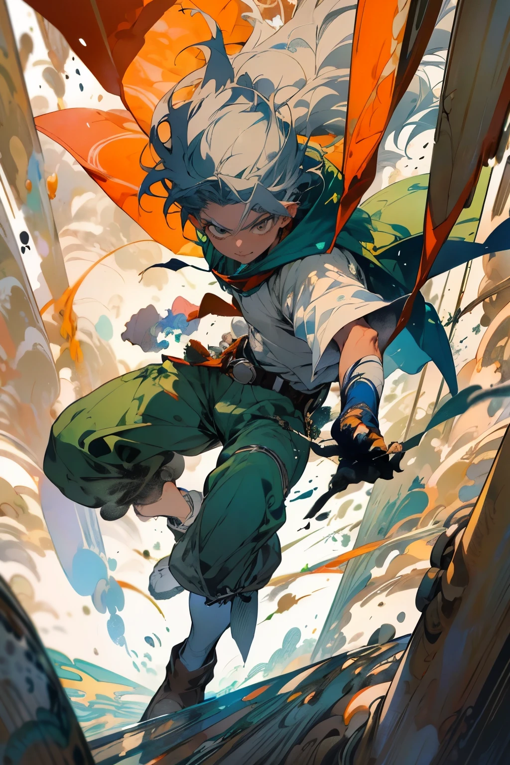 Design 1 man throwing a fireball, 22 year old man with dark blue hood and cape.Light gray hair Gray eyes Wearing a white on-down shirt Wearing green shorts Wearing a brown belt Wearing short brown boots Wearing blue gloves on your hands. Crea un fondo de llamas ((mejorar rostro))