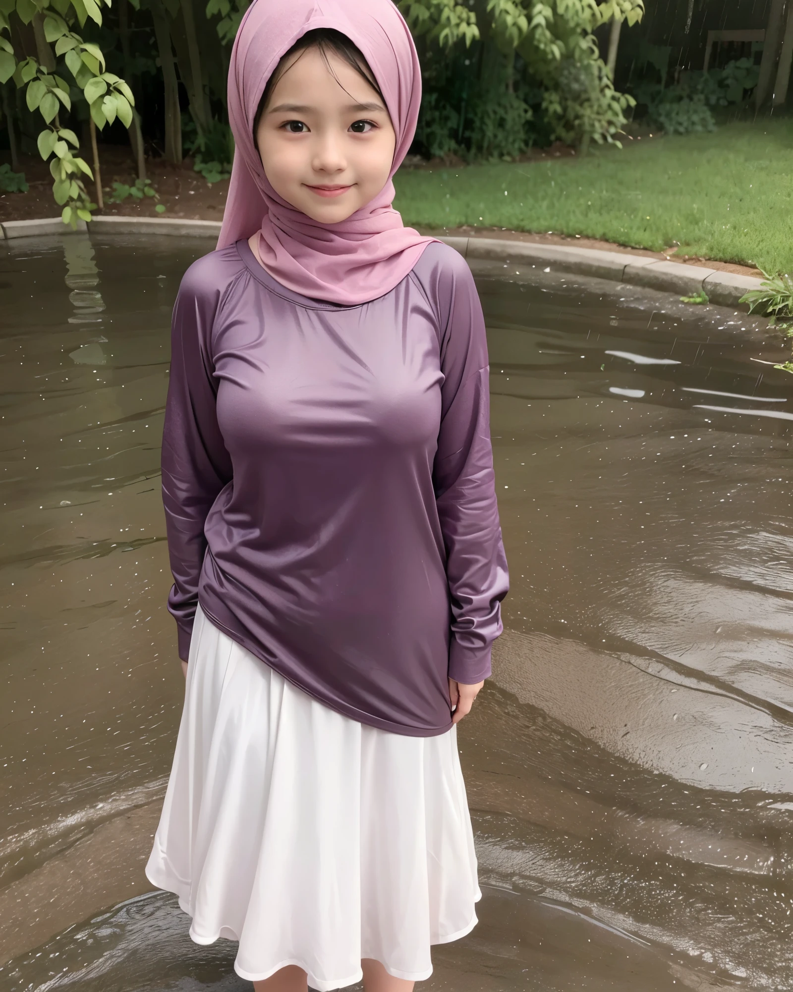 adorable, 1 girl, , baby face, s full body portrait, (face details: 1), (eye details: 1), ((medium breasts)). wearing pinky long shirt, long skirt, modern hijab colorful, (large breasts)... Rain, wet, closthes wet, Cute posed. proportional body. Ultra High Res. realistic: 1.4, UHD