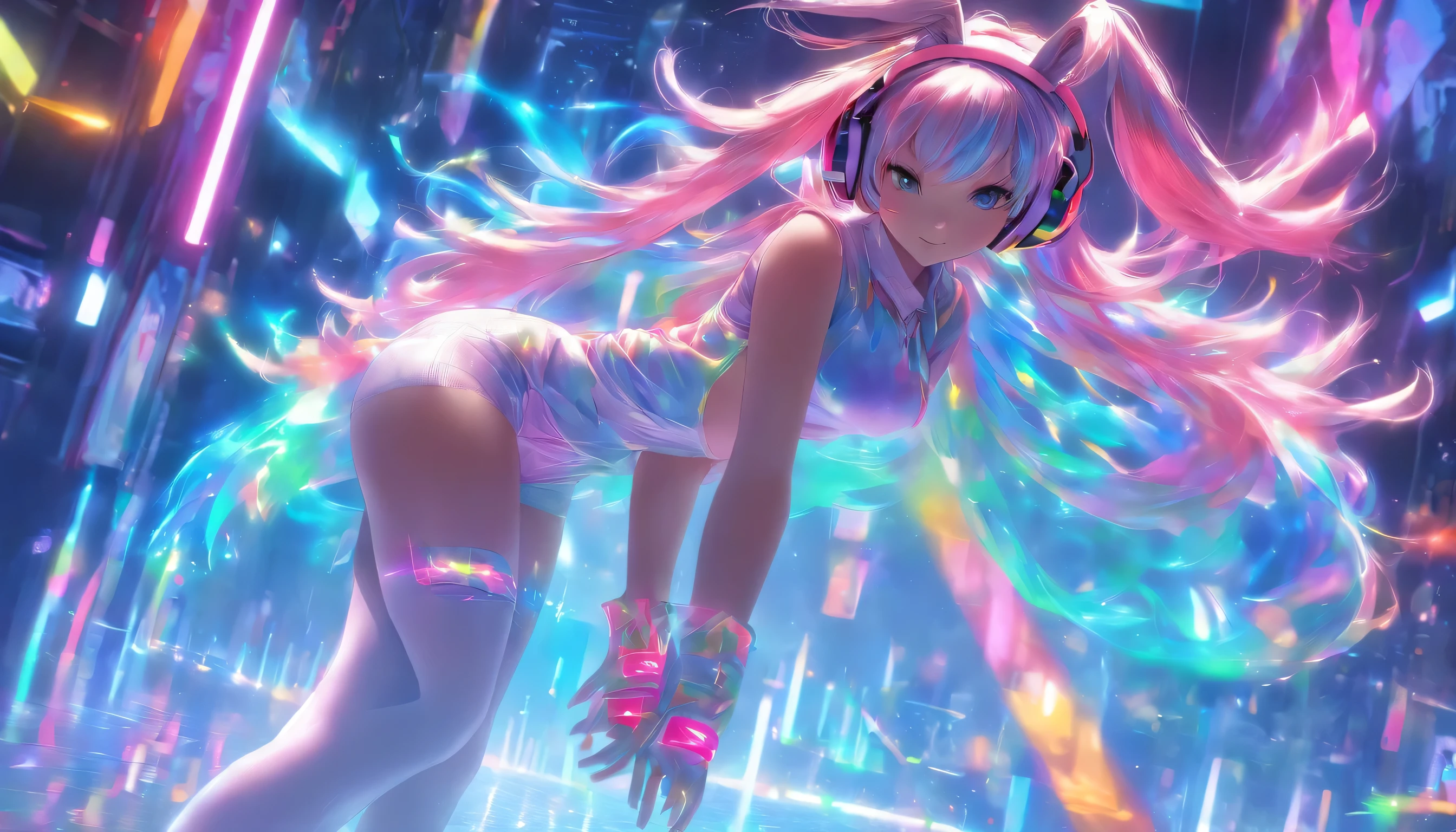 Transparent color PVC clothing, Transparent colorful vinyl Bunny girl, Prismatic, Holographic, chromatic aberration, Fashion Illustration, masterpiece, DJ Girl, View Viewer, 8k, Super detailed, Pixiv、((Colorful Hair))、Wearing headphones、((Full Body))、((Strike a Pose))、((Bunny girl))、(((Long legs)))、((Big Breasts))、(((Accurate body line)))