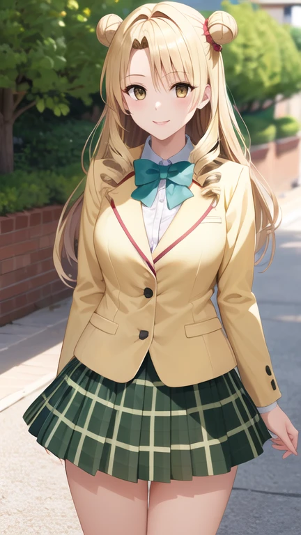 masterpiece, best quality, highres, 1girl, solo, long hair, blonde hair, double bun, drill hair, brown eyes, , green bowtie, blazer, yellow jacket, long sleeves, plaid skirt, green skirt, standing, cowboy shot, outdoors, smile,
