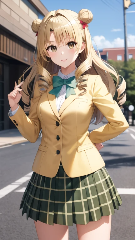 masterpiece, best quality, highres, 1girl, solo, long hair, blonde hair, double bun, drill hair, brown eyes, , green bowtie, blazer, yellow jacket, long sleeves, plaid skirt, green skirt, standing, cowboy shot, outdoors, smile,