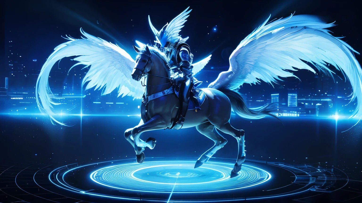 Blue technology background,There is a technological Pegasus in the lower right corner,Used for blue PPT report background
