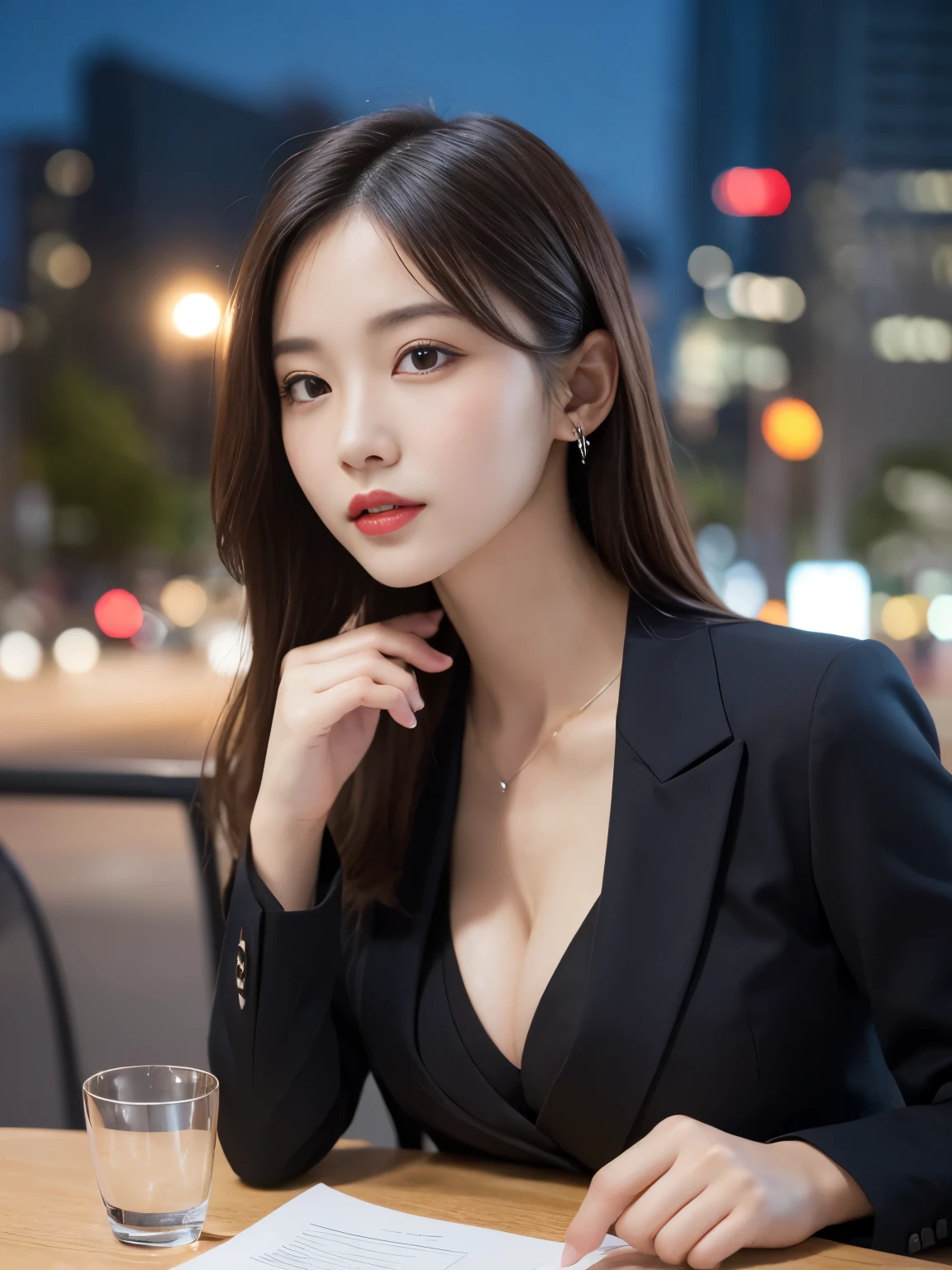 Tabletop, highest quality, figure, Super detailed, In detail, High resolution, 8k wallpaper, Perfect dynamic composition, Beautiful fine details,  Natural Lip,blazer ,, Cleavage, whole body、night、City