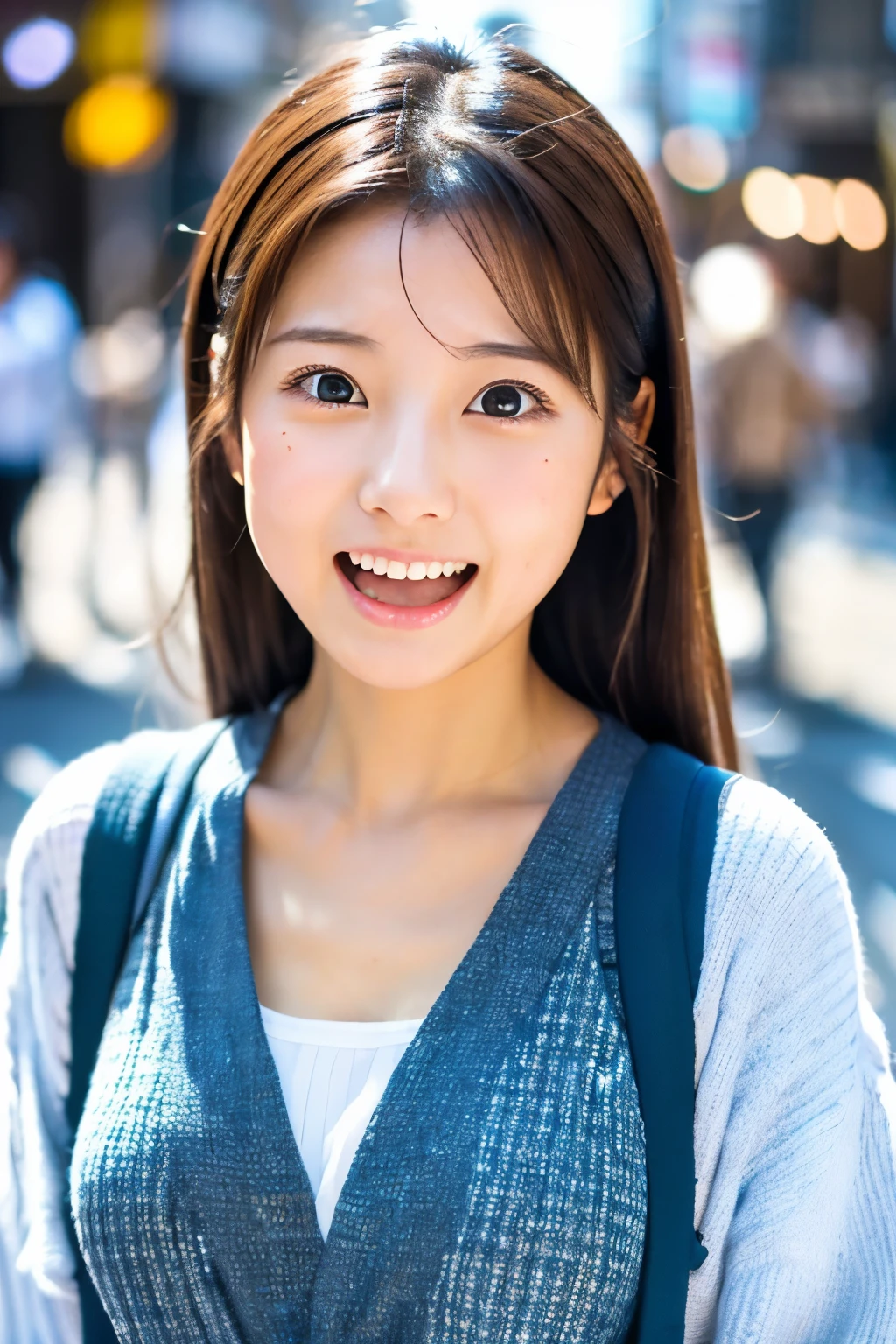 Masterpiece, 8K, high quality, high resolution, beautiful Japanese woman, 30 years old, (detailed face, detailed eyes), ((Open mouth wide, surprised face)), alone on the street, full-body photo