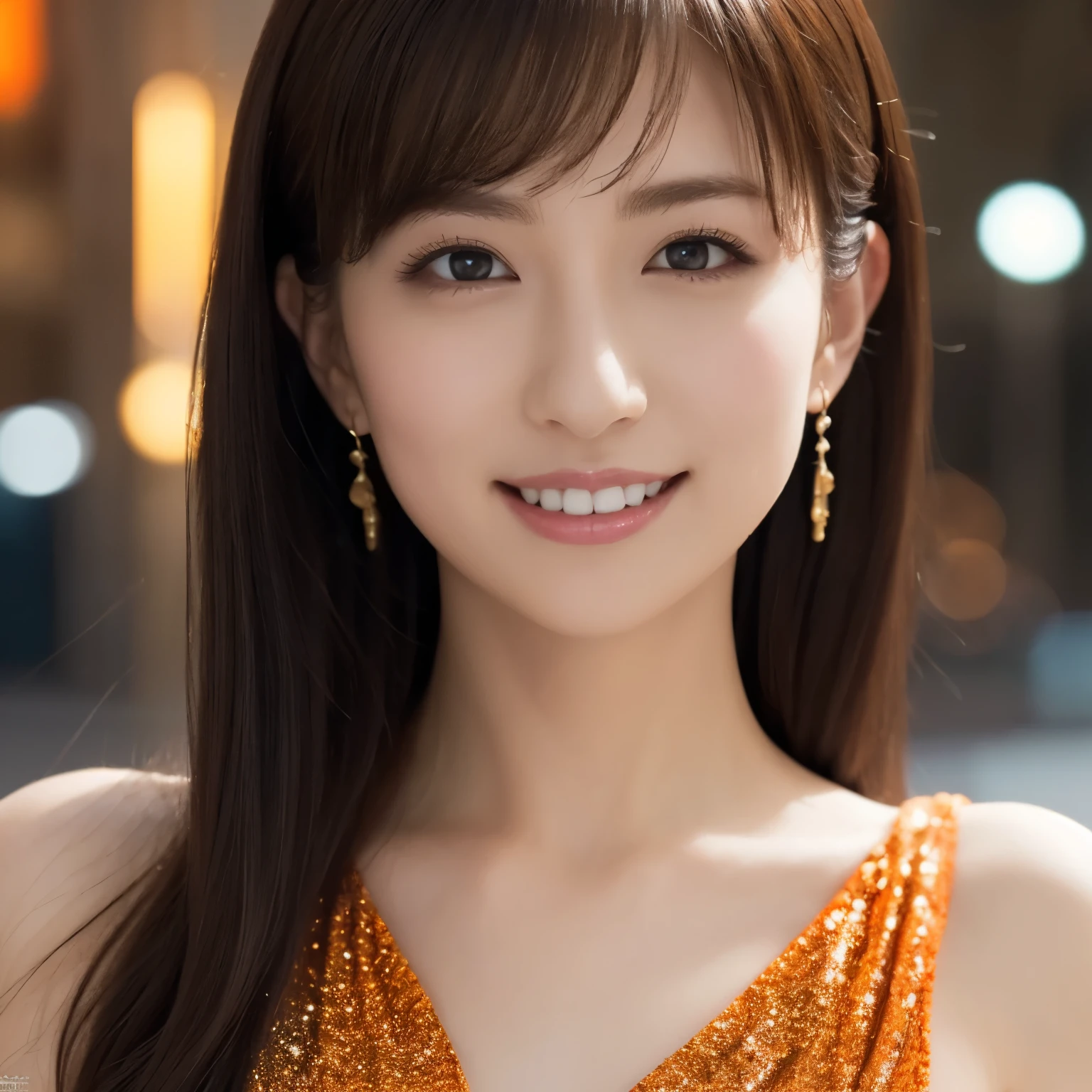 One Girl, (wearing an orange glitter dress:1.2), (RAW Photos, highest quality), (Realistic, Photorealistic:1.4), Tabletop, Very delicate and beautiful, Very detailed, 2k wallpaper, wonderful, In detail, Very detailed CG Unity 8k wallpaper, Very detailedな, High resolution, Soft Light, Beautiful detailed girl, Very detailedな目と顔, Beautifully detailed nose, Beautiful fine details, Cinema Lighting, City lights at night, Amazing illumination, Perfect Anatomy, Slender body, small, smile