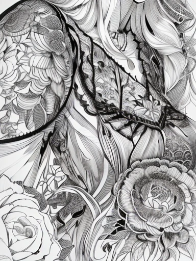 a black and white drawing of a woman with a flower in her hair, intricate details illustration, detailed ink illustration, detailed intricate illustration, detailed ink drawing, intricate detail drawing, pen and ink doodles, intricate detailed illustration, intricate abstract, detailed digital drawing, black and white line art, bold intricate ink illustration, intricate line drawing, pen and ink illustration, intricate line art