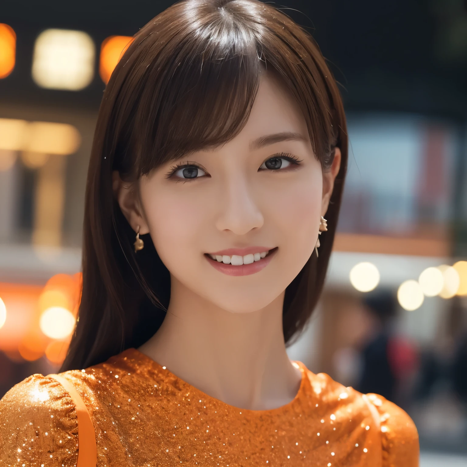 One Girl, (wearing an orange glitter dress:1.2), (RAW Photos, highest quality), (Realistic, Photorealistic:1.4), Tabletop, Very delicate and beautiful, Very detailed, 2k wallpaper, wonderful, In detail, Very detailed CG Unity 8k wallpaper, Very detailedな, High resolution, Soft Light, Beautiful detailed girl, Very detailedな目と顔, Beautifully detailed nose, Beautiful fine details, Cinema Lighting, City lights at night, Amazing illumination, Perfect Anatomy, Slender body, small, smile