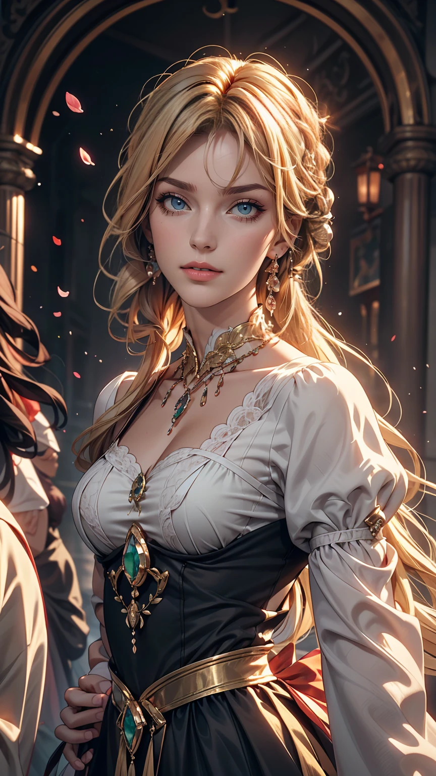 (Dynamic Angle:1.3),Extreme close up,the wind is strong,映画ofハイライト,1人of女of子,Upper Body,dancing,View Viewer, violet_Evergarden, alone, jewelry, blank eye,brooch, blonde_hair,( vevry long hair:1.2),floating hairlong_sleeve, ribbon, green_eye, Jacket, dress, gem, hair_ribbon,null, depth_of_Field, a close view of flying petal,