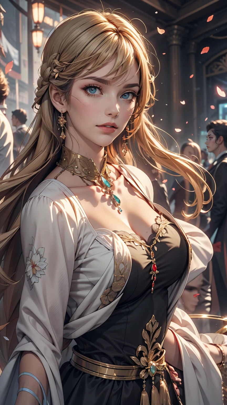 (Dynamic Angle:1.3),Extreme close up,the wind is strong,映画ofハイライト,1人of女of子,Upper Body,dancing,View Viewer, violet_Evergarden, alone, jewelry, blank eye,brooch, blonde_hair,( vevry long hair:1.2),floating hairlong_sleeve, ribbon, green_eye, Jacket, dress, gem, hair_ribbon,null, depth_of_Field, a close view of flying petal,