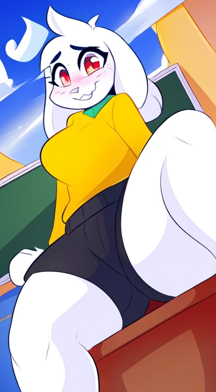 by teranen, by freeedon, by Kilinah, by Coffeesoda, by Hioshiru, by Kilinah, (Thicc Bunny, woman, breasts, antrum, extremely detailed, extremely detailed legs, extremely detailed arms, extremely detailed face, perfectly detailed eyes, perfectly detailed anatomy): 1.2, solo, perspective, curved thighs, huge thighs, curvature, embarrassed smile, (tail), totally blushed, nervous, looking at the viewer, bedroom, red eyes, wearing black shorts, school, day, classroom, sitting on a desk