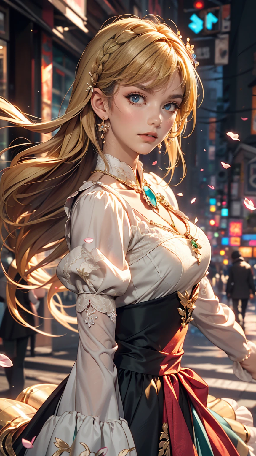 (Dynamic Angle:1.3),Extreme close up,the wind is strong,映画ofハイライト,1人of女of子,Upper Body,dancing,View Viewer, violet_Evergarden, alone, jewelry, blank eye,brooch, blonde_hair,( vevry long hair:1.2),floating hairlong_sleeve, ribbon, green_eye, Jacket, dress, gem, hair_ribbon,null, depth_of_Field, a close view of flying petal,