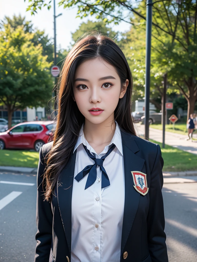 8k resolution), (RAW photo), (best quality), (masterpiece:1.5), (photorealistic:1.5), (photorealistic)), vibrant detail, ultra-realistic, 1girl, (cute: 1.2)((school uniform)),(((jk)))),road, intersection, big breast,