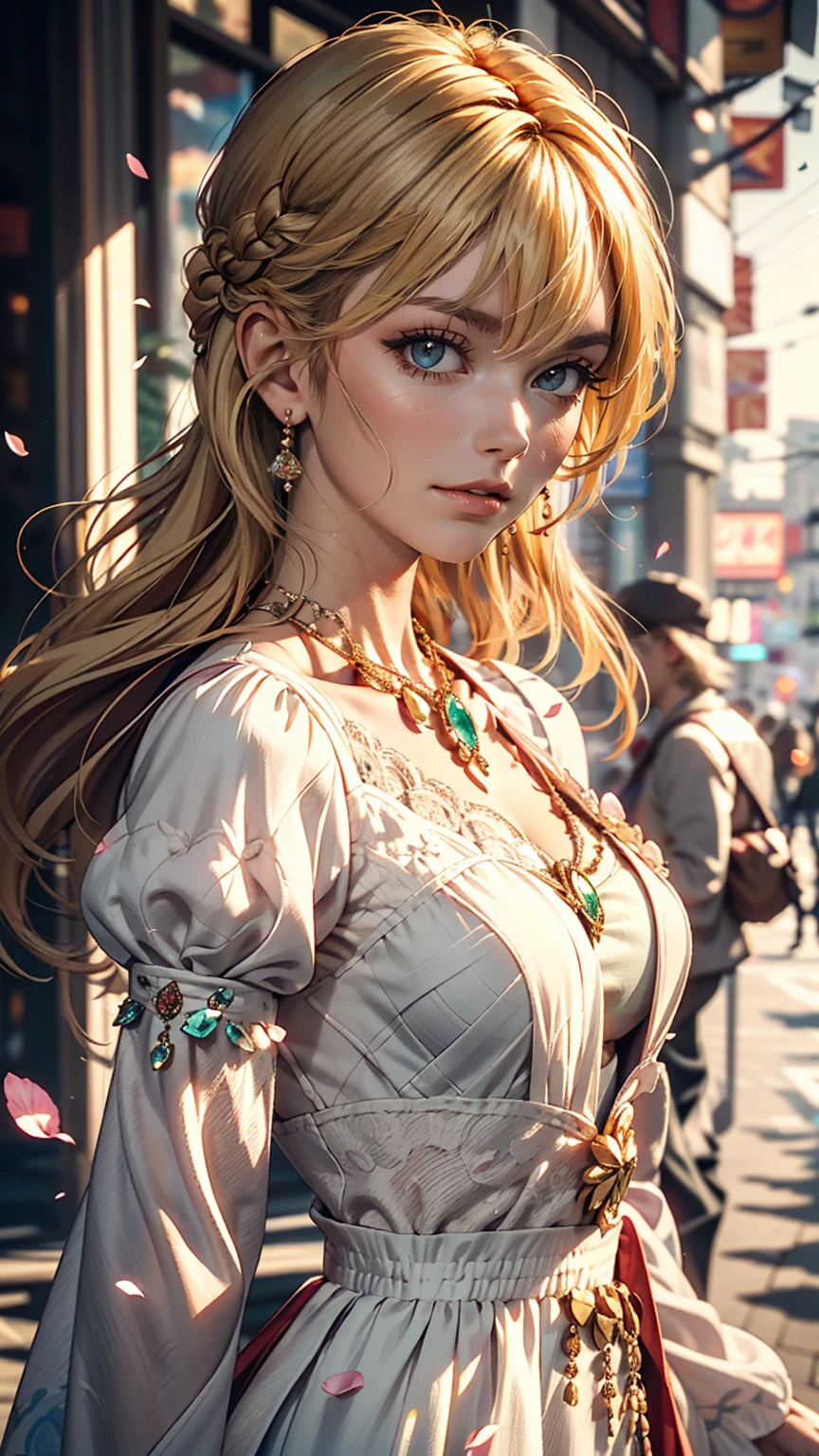 (Dynamic Angle:1.3),Extreme close up,the wind is strong,映画ofハイライト,1人of女of子,Upper Body,dancing,View Viewer, violet_Evergarden, alone, jewelry, blank eye,brooch, blonde_hair,( vevry long hair:1.2),floating hairlong_sleeve, ribbon, green_eye, Jacket, dress, gem, hair_ribbon,null, depth_of_Field, a close view of flying petal,