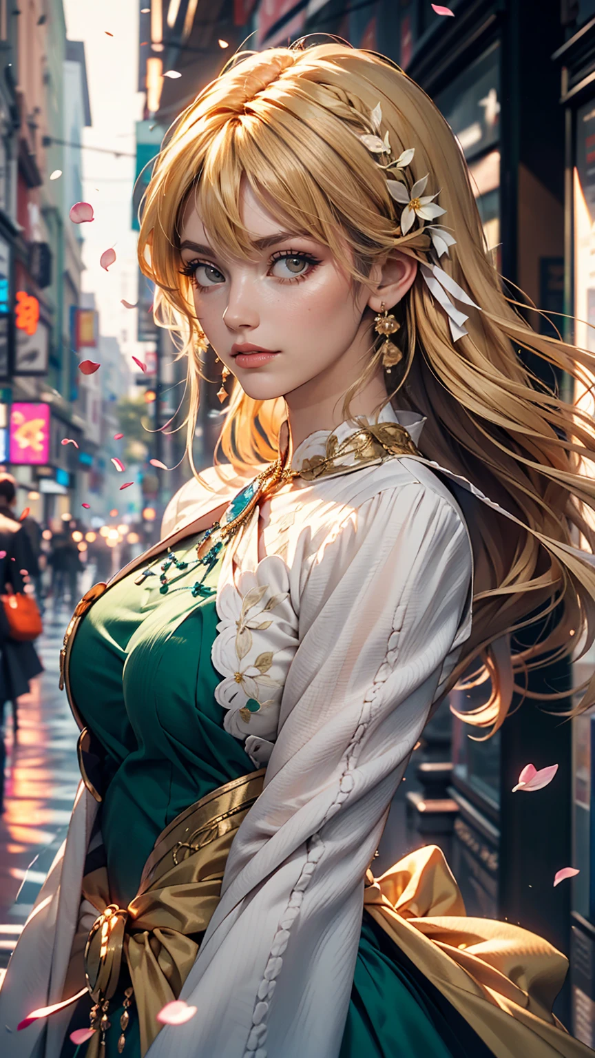 (Dynamic Angle:1.3),Extreme close up,the wind is strong,映画ofハイライト,1人of女of子,Upper Body,dancing,View Viewer, violet_Evergarden, alone, jewelry, blank eye,brooch, blonde_hair,( vevry long hair:1.2),floating hairlong_sleeve, ribbon, green_eye, Jacket, dress, gem, hair_ribbon,null, depth_of_Field, a close view of flying petal,