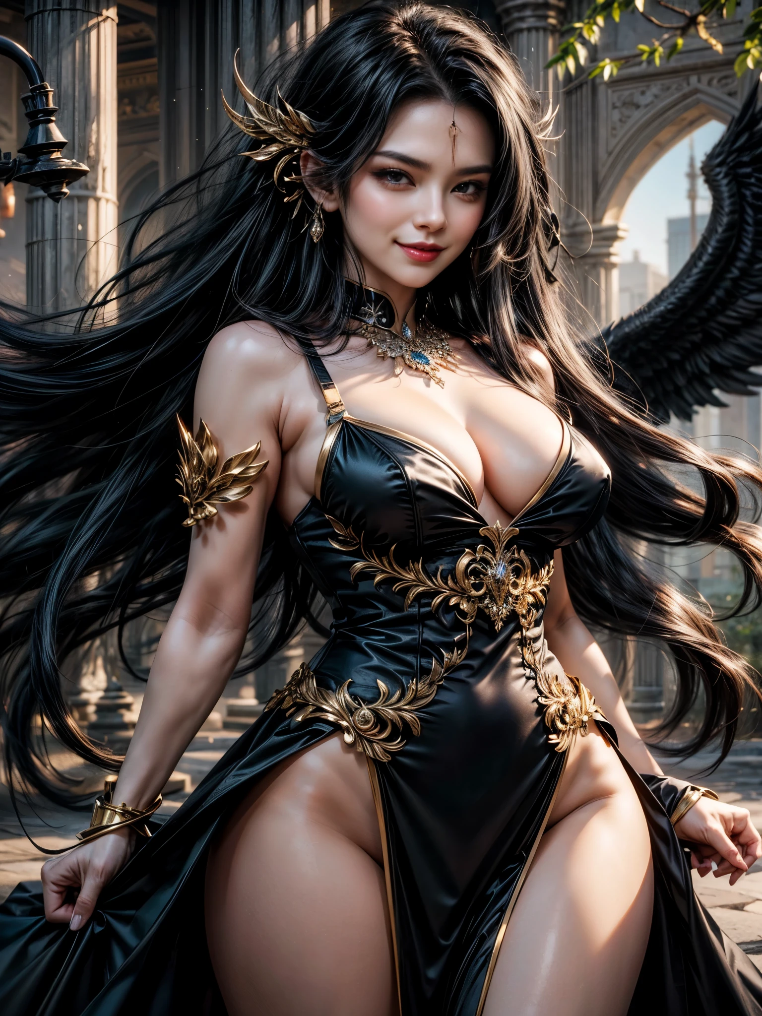 Seductive squinting eyes, naughty smile, clean long black hair, seductress.