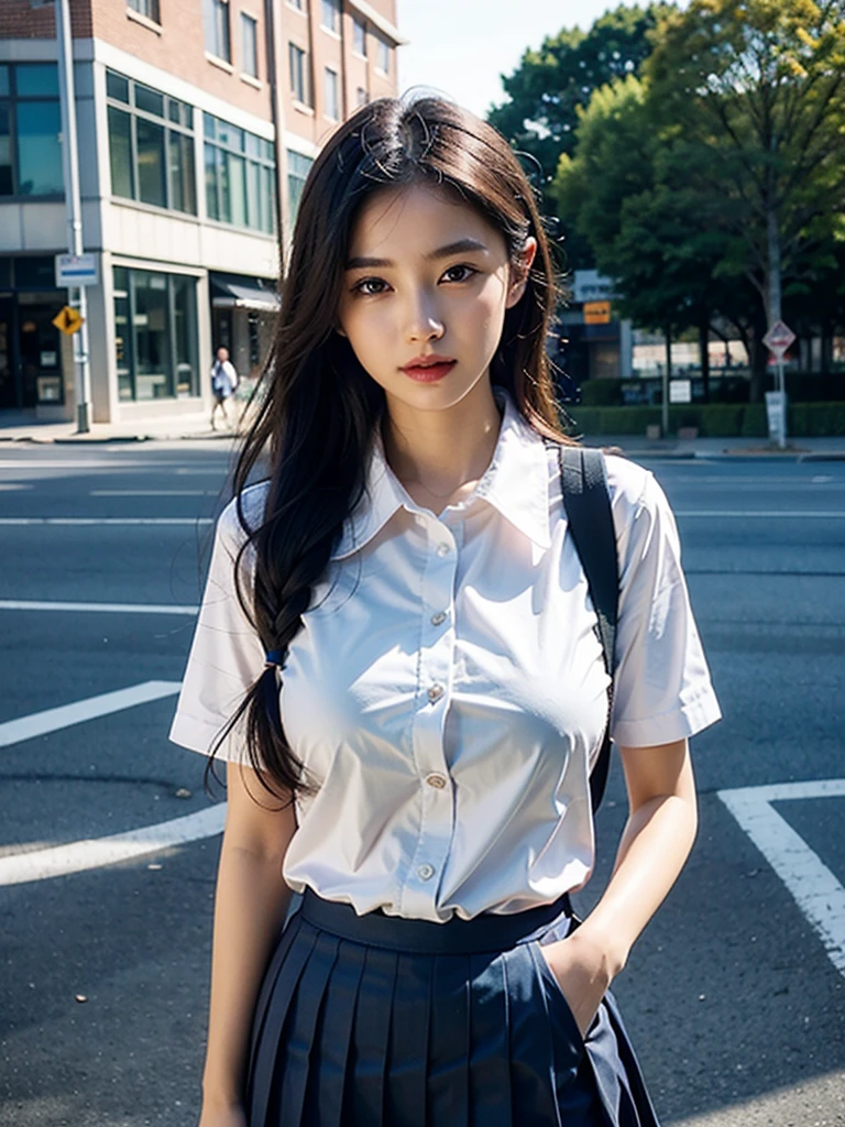 8k resolution), (RAW photo), (best quality), (masterpiece:1.5), (photorealistic:1.5), (photorealistic)), vibrant detail, ultra-realistic, 1girl, (cute: 1.2)((school uniform)),(((jk)))),road, intersection, big breast,