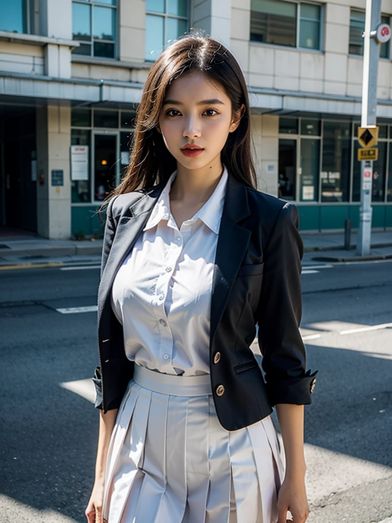 8k resolution), (RAW photo), (best quality), (masterpiece:1.5), (photorealistic:1.5), (photorealistic)), vibrant detail, ultra-realistic, 1girl, (cute: 1.2)((school uniform)),(((jk)))),road, intersection, big breast,