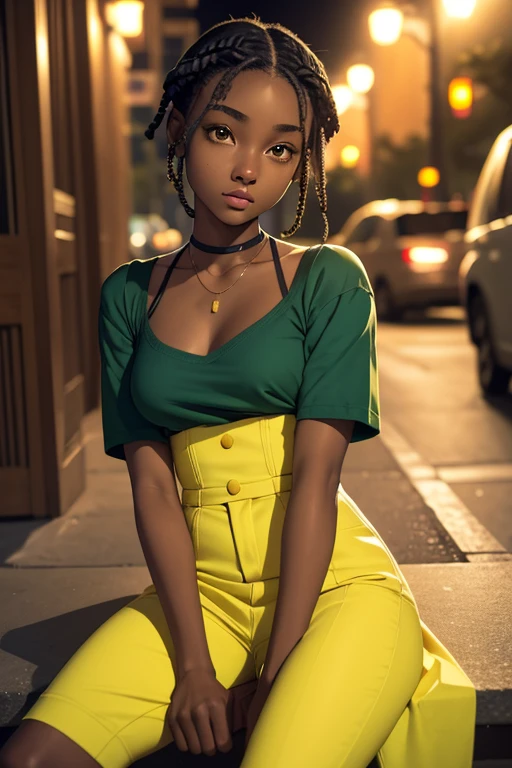 (masterpiece, best quality), deep ebony 1girl, beautiful face, short braids, library , cute, street clothing, beautify, Lofi vibe, green and yellow clothing, cute night vibe, concentrated, sitting, hands outside of the picture