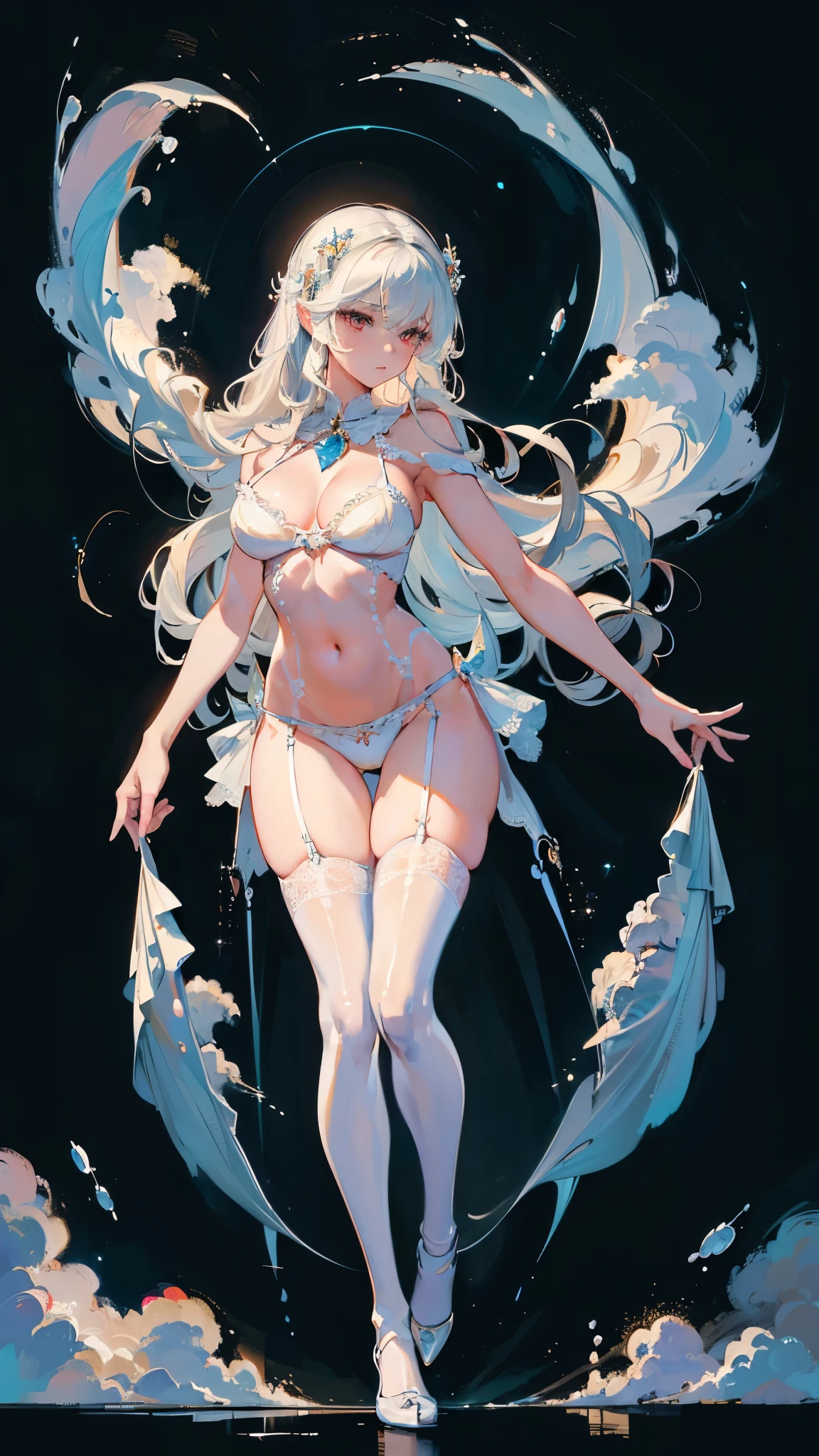 ((masterpiece, best quality)), Delicate face，Mage，Full body painting，Perfect body proportions，Large Breasts，Long legs，white hair，Long wavy hair，beautiful eyes，Fantasy style，Extremely beautiful，White background，Extremely beautiful，Clouds，magic，transparent，Sexy bikini，Lace，Garter stockings，exposed，Star decoration