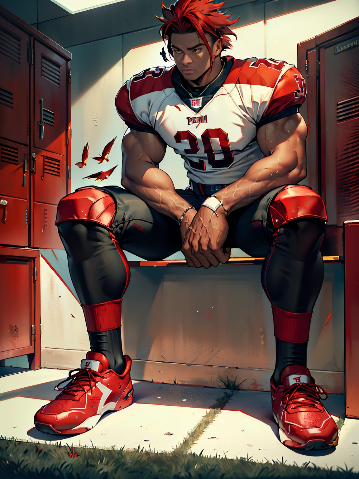 in an American football locker room, (sitting on a bench), legs spread open, muscular CFDawson, American football player wearing American football uniform, American football shoulder pads, (cardinal red jersey:1.4), jersey number 29, (black football pants and pads:1.4), (cardinal red socks:1.2), (black sneakers:1.2), (((full body portrait))), wide angle.