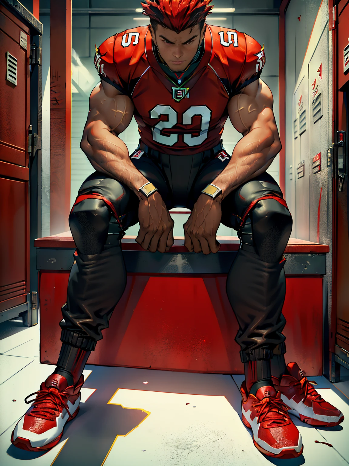 in an American football locker room, (sitting on a bench), legs spread open, muscular CFDawson, American football player wearing American football uniform, American football shoulder pads, (cardinal red jersey:1.4), jersey number 29, (black football pants and pads:1.4), (cardinal red socks:1.2), (black sneakers:1.2), (((full body portrait))), wide angle.