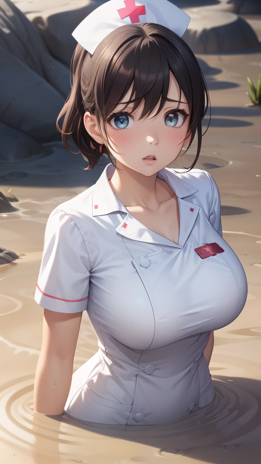 1girl, natural lighting, masterpiece, highly detailed, illustration, game CG, absurdres, high quality, aichan, (large breasts), beautiful detailed eyes, short hair, ponytail, light curled hair, bangs, glossy lips, lips parted, collarbone, nurse, white nurse dress, nurse headband, looking at viewer, shocked, surprised, upset, (quicksand:1.3)