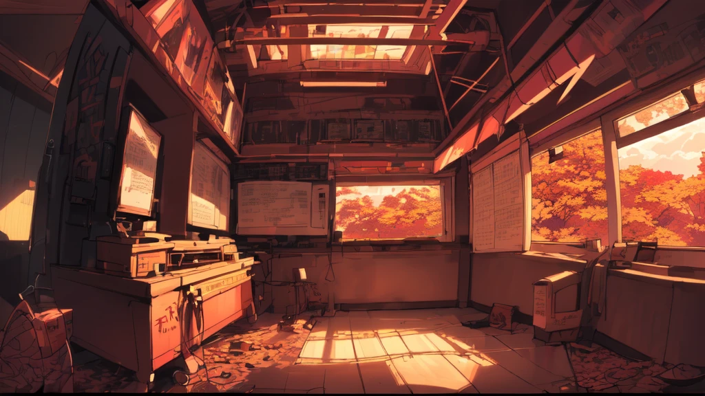 Shamisenを弾いている女の子、Text Why You、Super Detail、Retro Wave、Japanese temple interior、Sad mood、Sunset light from the window、Autumn leaves from the window、eveningの雰囲気、1Temple、2D、(Long Shot)、Wide Shot、(Movie noise)、OLD CARTOON、(Many Records:1.3)、Wooden buildings、(masterpiece、Very high quality、Very high quality、Official Art、Beautiful and aesthetic:1.2)、(Very detailed、(Fractal Art:1.4)、Shamisen、(Note:1.4)、(Lo-fi hip hop)、Side view、Old Anime Texture、alone、speaker、cyber punk、vinyl、evening