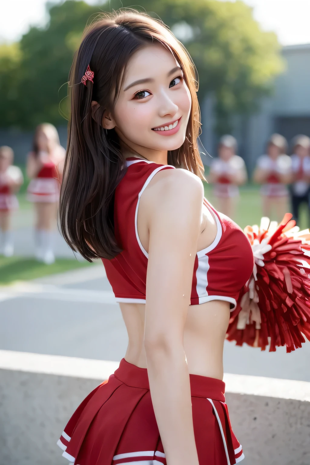 (8k、live-action、Raw photo、highest quality、masterpiece:1.2),(Outdoors),((Perfect lighting)),(Wet hair),Watching the audience,Sexy pose, cute smile,18-year-old,student,White skin,knees,Small Face,Part the front hair from the center、The forehead is visible,skinny,skinny)、masterpiece,highest quality、超A high resolution,one person, solo,Close-up shot、cute、Back to Students,(Red cheerleader outfit:1.3),High school girl,Japanese women,(Photoreal:1.37)、Photon Mapping,Realistic、cuteSmall Face,Brown eyes、prospect、Depth of written boundary、Blurred Background、Real,(I can see the front hair), hair, I can see the knees, thigh,(Nogizaka Idol), actress、Big and ample breasts、Cleavage、Super fine、Low people、(Skin with visible pores:1.2)、(Focus on the face)、8 heads、Natural neck、Check and correct the skeleton, (large breasts:1.5), (Slim body:1.3),