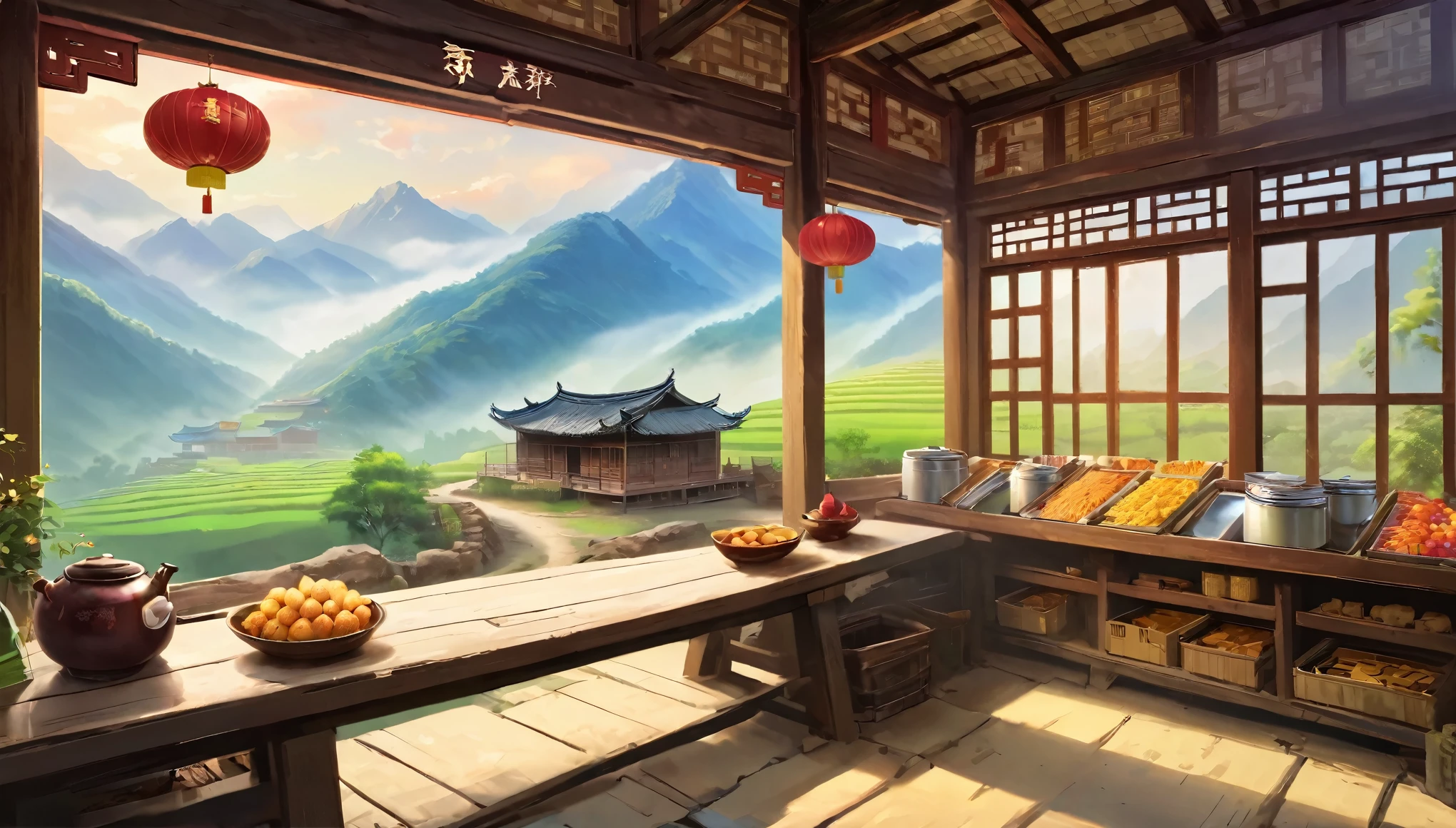 Small courtyard in rural China，There is a dilapidated wooden house inside，The hut is a canteen，There are three words on the door &References;commissary&References; It says.，There are wooden shelves in the house，There are all kinds of snacks in it.，The background is the mountains of Yunnan，Foggy，Aerial Photography，illustration，Fresh，peaceful，