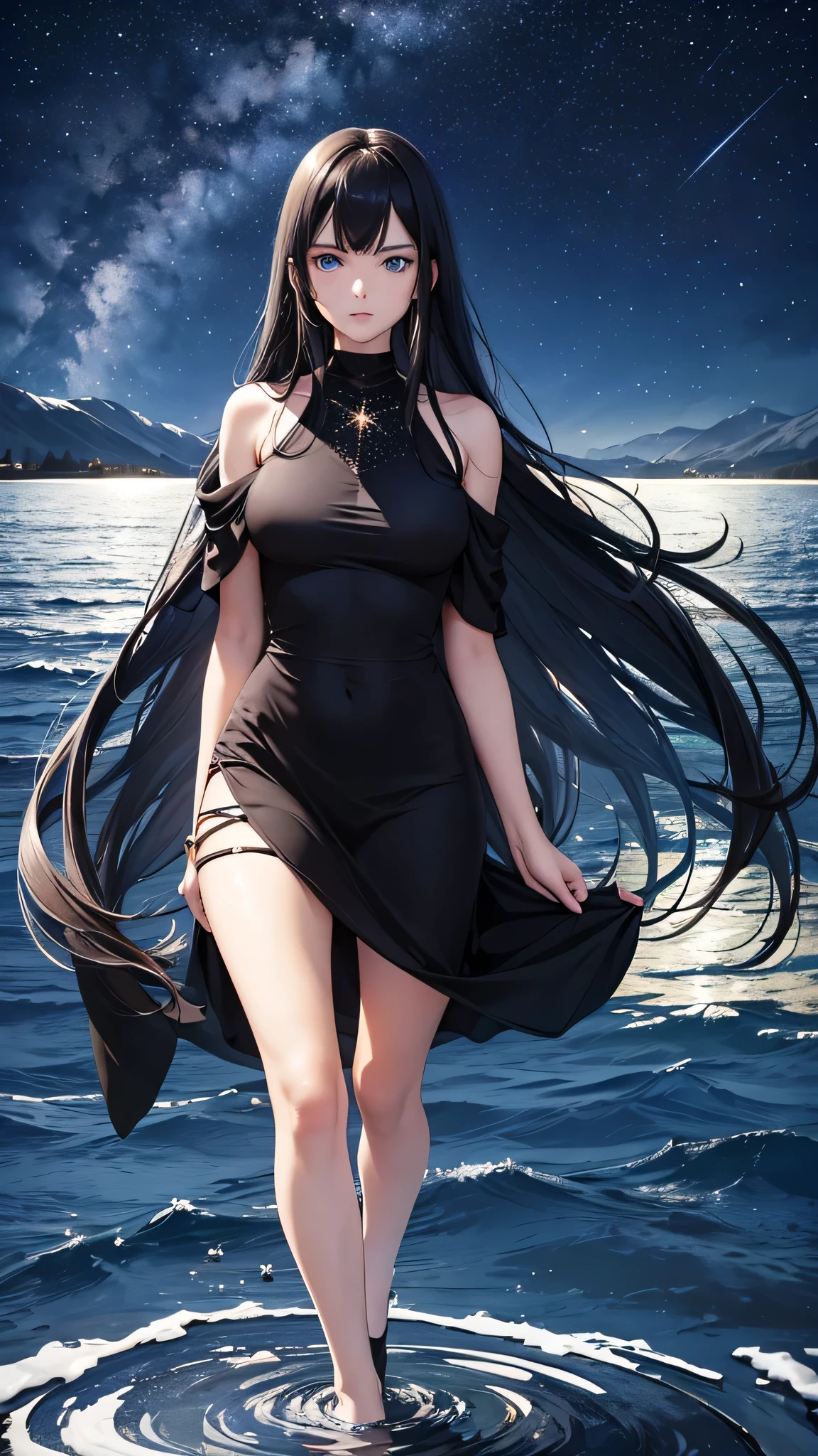 Woman in her twenties, long hair, black hair, jewel-like blue eyes, sad expression, white one-piece dress, slender figure, night, on a lake, winter starry sky, stars shining all over, I would like the starry sky to be the background for two-thirds of the photo, standing on the lake, looking up, fantastical atmosphere, bright overall,