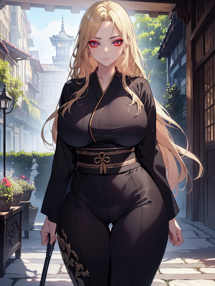 (Uhd, Masterpiece, Textured Skin, Super Detail, High Details, High Quality, Best Quality), Detailed Face, 1woman, mature pretty woman, ((wide , thick thighs, )), ((Long blonde hair)), ((Black kimono), (Pants), (Huge body), (Cultivator), Courtyard with a stone floor