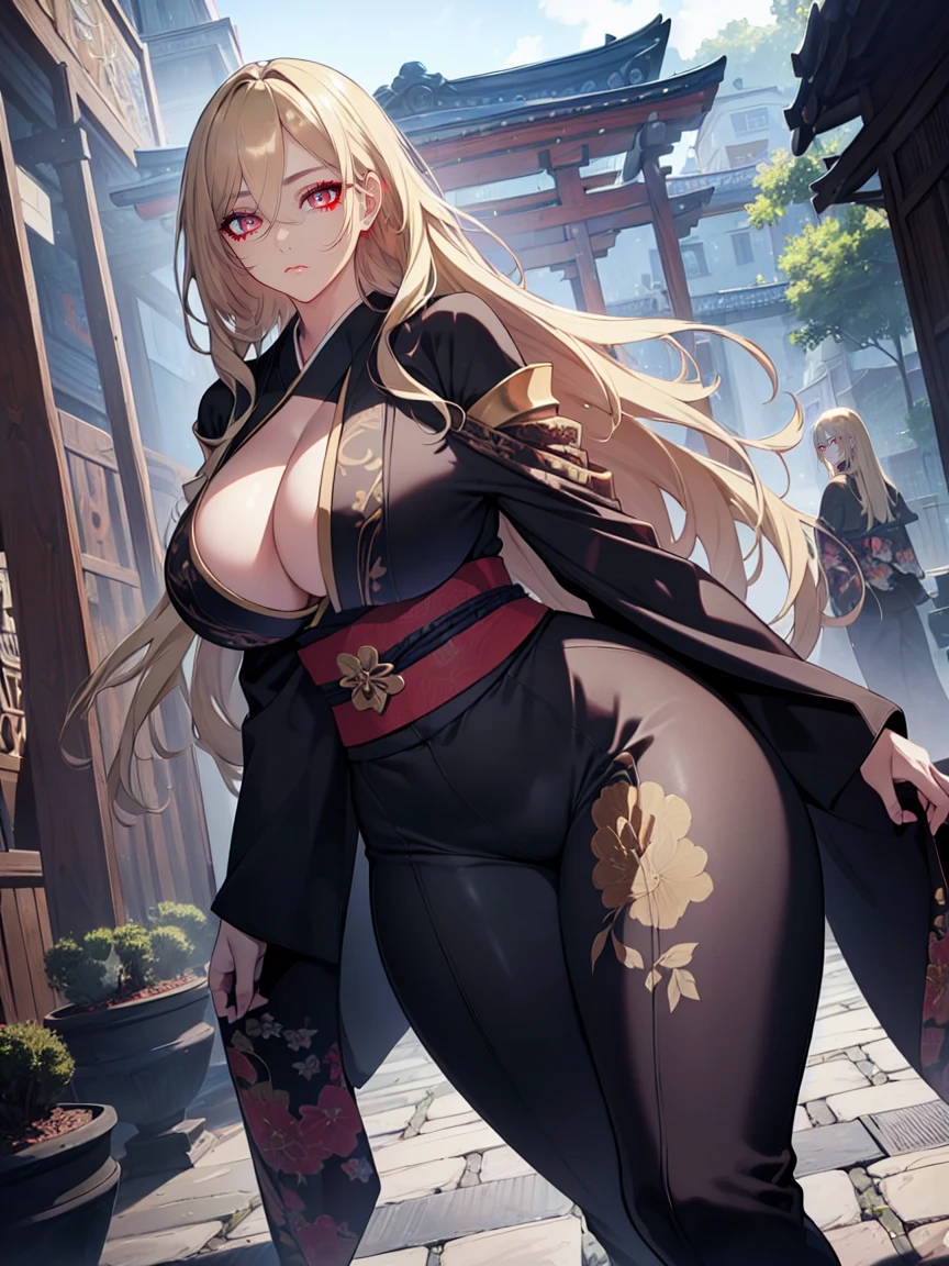 (Uhd, Masterpiece, Textured Skin, Super Detail, High Details, High Quality, Best Quality), Detailed Face, 1woman, mature pretty woman, ((wide hips, thick thighs, huge breasts)), ((Long blonde hair)), ((Black kimono), (Pants), (Huge body), (Cultivator), Courtyard with a stone floor