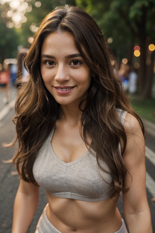 long wavy brown hair, brown eyes, long eyelashes, light brown skin, light smile, pov, running, 8k, super detail, accurate, best quality, middle age